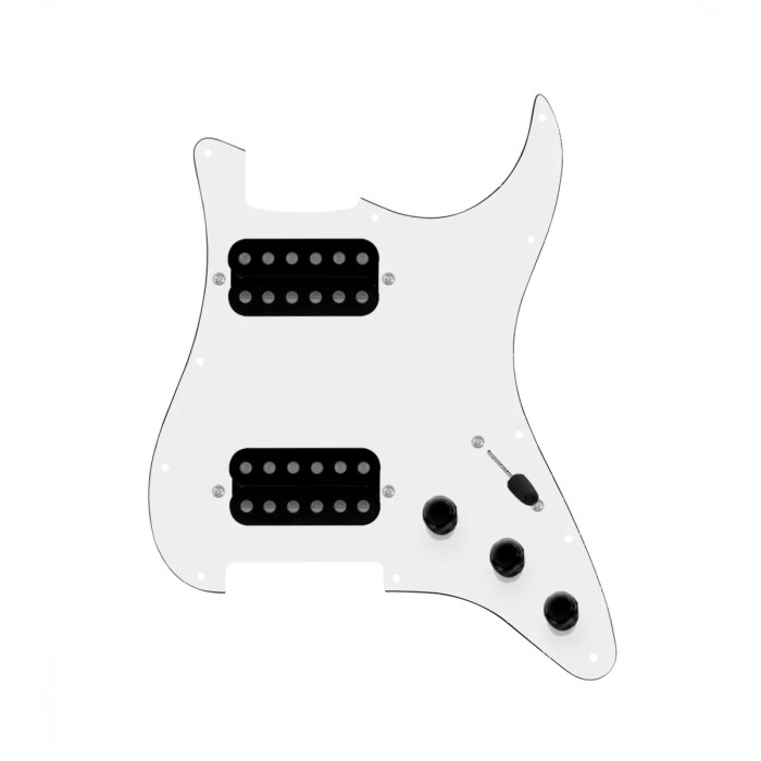 920D Custom Hipster Heaven HH Loaded Pickguard for Strat With Uncovered Roughneck Humbuckers, White Pickguard, and S3W-HH Wiring Harness