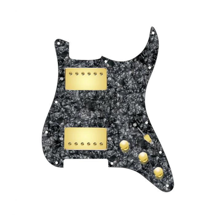 920D Custom Hot And Heavy HH Loaded Pickguard for Strat With Gold Roughneck Humbuckers, Black Pearl Pickguard, and S3W-HH Wiring Harness