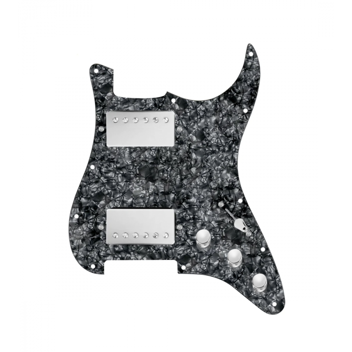 920D Custom Hot And Heavy HH Loaded Pickguard for Strat With Nickel Roughneck Humbuckers, Black Pearl Pickguard, and S3W-HH Wiring Harness
