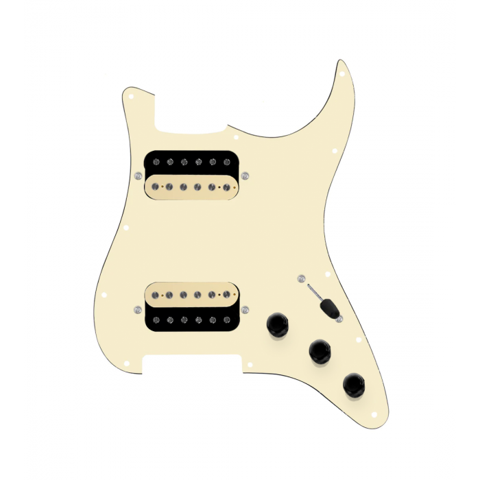 920D Custom Hot And Heavy HH Loaded Pickguard for Strat With Uncovered Roughneck Humbuckers, Aged White Pickguard, and S3W-HH Wiring Harness
