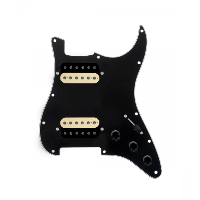 920D Custom Hot And Heavy HH Loaded Pickguard for Strat With Uncovered Roughneck Humbuckers, Black Pickguard, and S3W-HH Wiring Harness