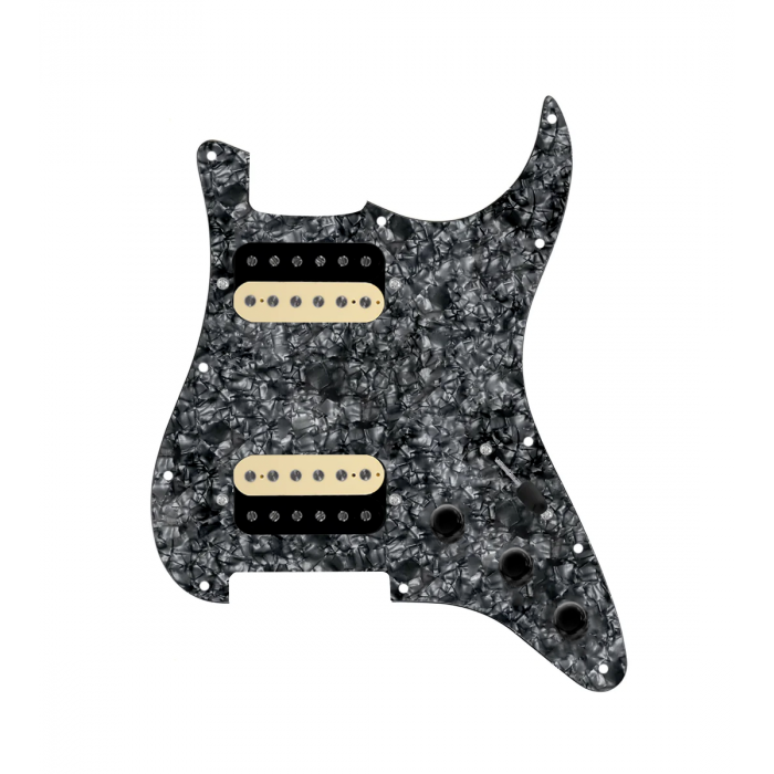 920D Custom Hot And Heavy HH Loaded Pickguard for Strat With Uncovered Roughneck Humbuckers, Black Pearl Pickguard, and S5W-HH Wiring Harness