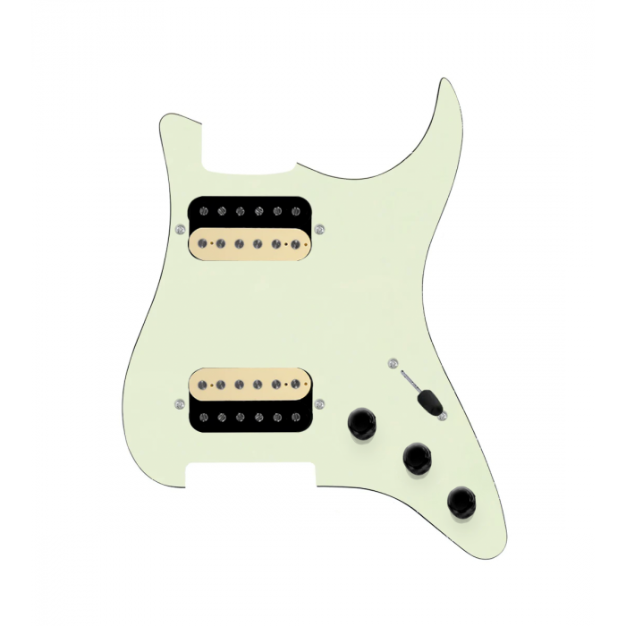 920D Custom Hot And Heavy HH Loaded Pickguard for Strat With Uncovered Roughneck Humbuckers, Mint Green Pickguard, and S3W-HH Wiring Harness