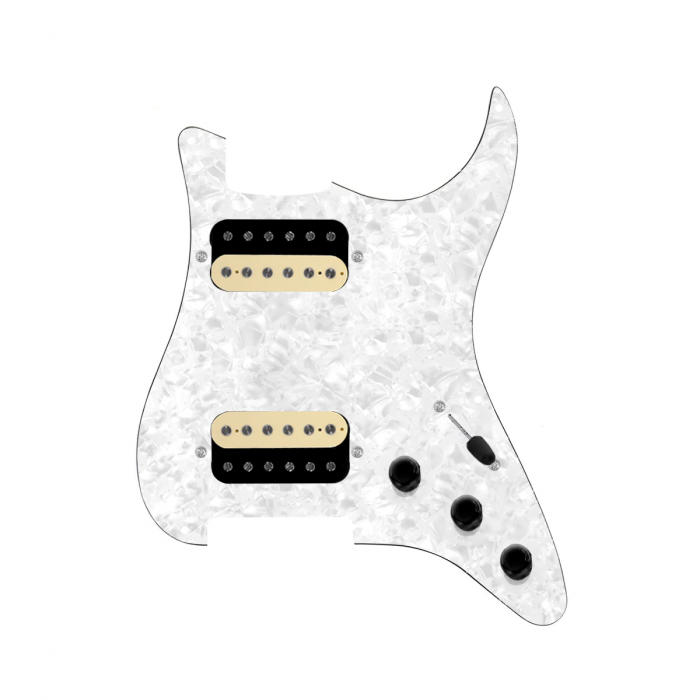 920D Custom Hot And Heavy HH Loaded Pickguard for Strat With Uncovered Roughneck Humbuckers, White Pearl Pickguard, and S3W-HH Wiring Harness