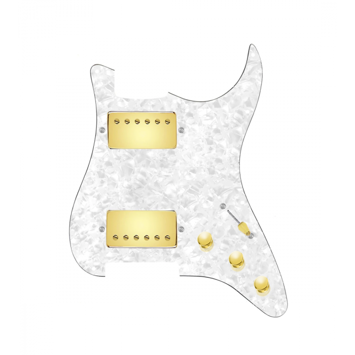 920D Custom Hushed And Humble HH Loaded Pickguard for Strat With Gold Smoothie Humbuckers, White Pearl Pickguard, and S5W-HH Wiring Harness