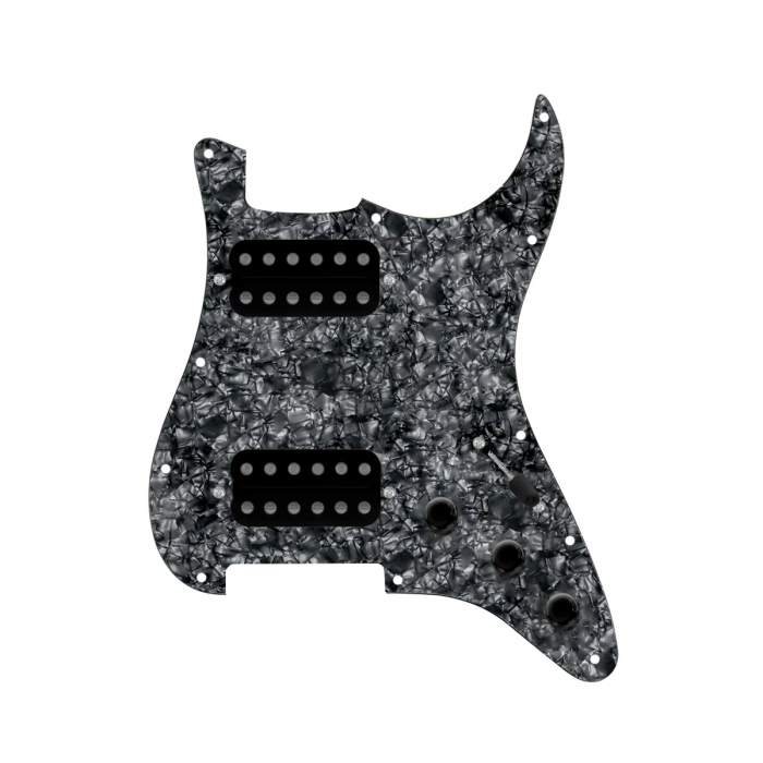 920D Custom Hushed And Humble HH Loaded Pickguard for Strat With Uncovered Smoothie Humbuckers, Black Pearl Pickguard, and S3W-HH Wiring Harness