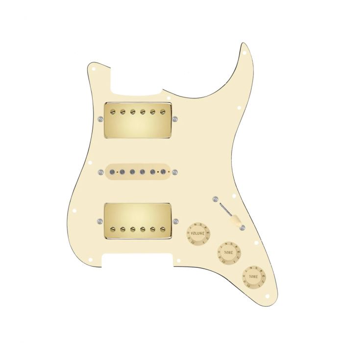 920D Custom HSH Loaded Pickguard for Stratocaster With Gold Smoothie Humbuckers, Aged White Texas Vintage Pickups, White Pickguard, and S5W-HSH Wiring Harness