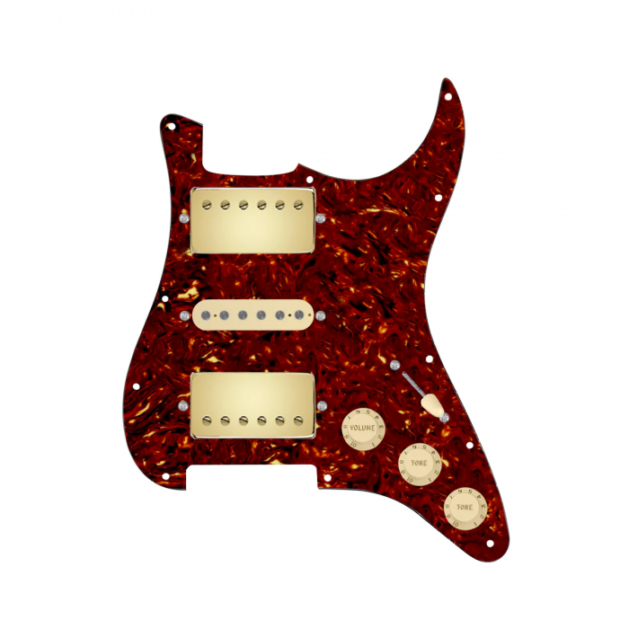 920D Custom HSH Loaded Pickguard for Stratocaster With Gold Smoothie Humbuckers, Aged White Texas Vintage Pickups, Tortoise Pickguard, and S5W-HSH Wiring Harness