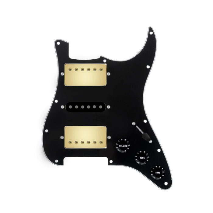 920D Custom HSH Loaded Pickguard for Stratocaster With Gold Smoothie Humbuckers, Black Texas Vintage Pickups, Black Pickguard, and S5W-HSH Wiring Harness