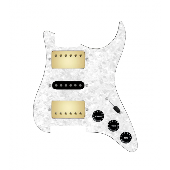 920D Custom HSH Loaded Pickguard for Stratocaster With Gold Smoothie Humbuckers, Black Texas Vintage Pickups, White Pearl Pickguard, and S5W-HSH Wiring Harness