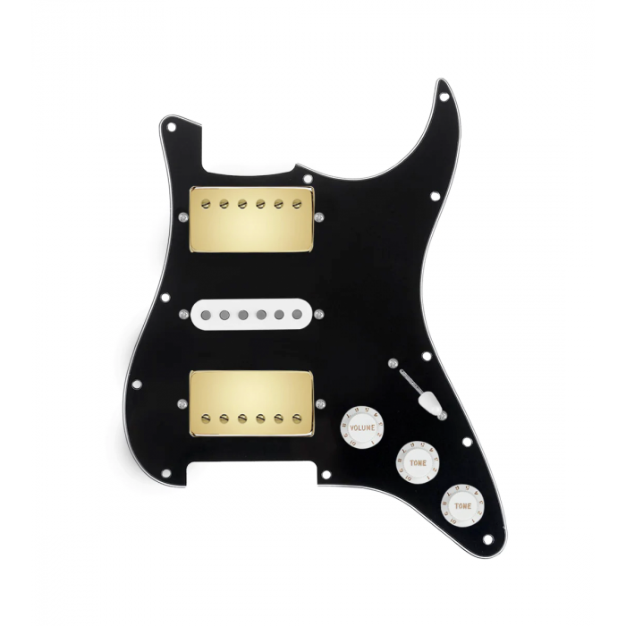 920D Custom HSH Loaded Pickguard for Stratocaster With Gold Smoothie Humbuckers, White Texas Vintage Pickups, Black Pickguard, and S5W-HSH Wiring Harness