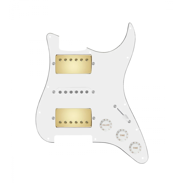 920D Custom HSH Loaded Pickguard for Stratocaster With Gold Smoothie Humbuckers, White Texas Vintage Pickups, White Pickguard, and S5W-HSH Wiring Harness