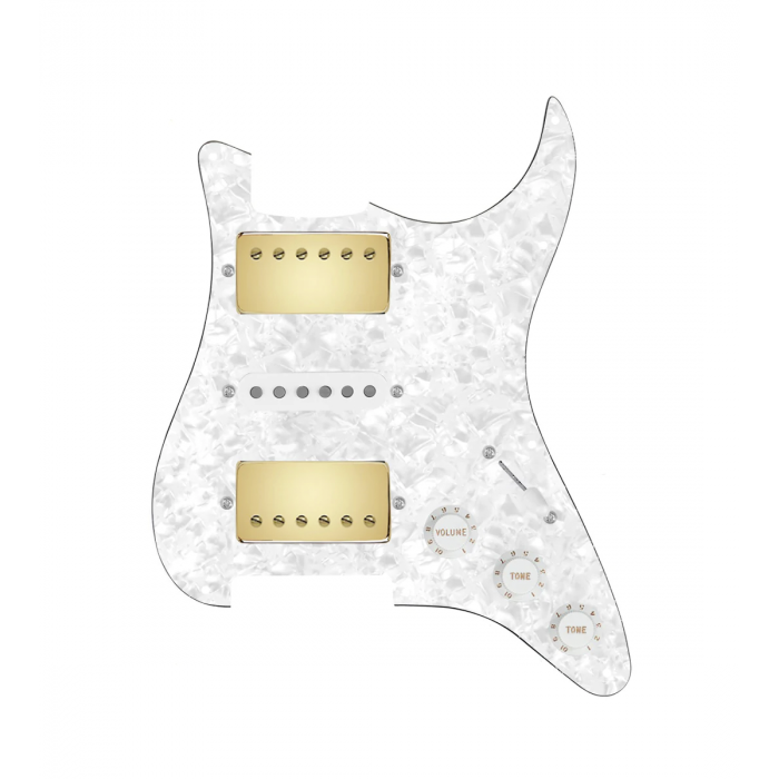 920D Custom HSH Loaded Pickguard for Stratocaster With Gold Smoothie Humbuckers, White Texas Vintage Pickups, White Pearl Pickguard, and S5W-HSH Wiring Harness