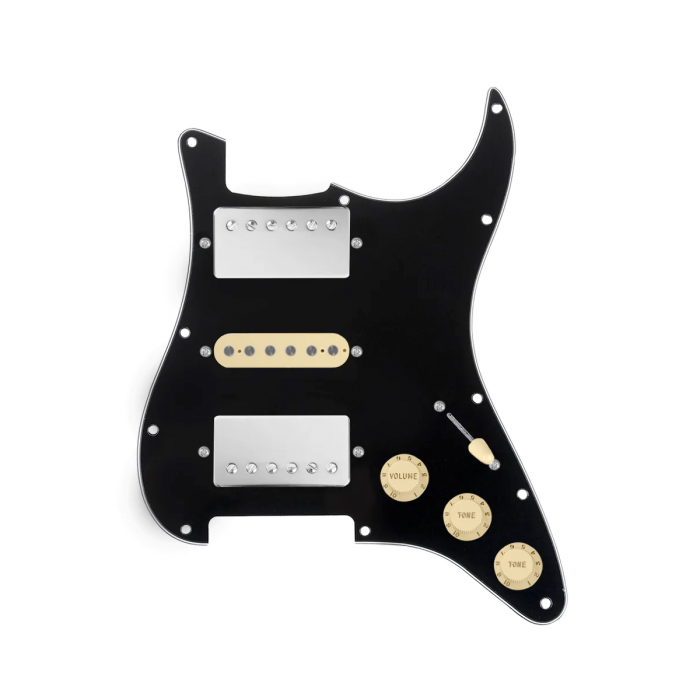 920D Custom HSH Loaded Pickguard for Stratocaster With Nickel Smoothie Humbuckers, Aged White Texas Vintage Pickups, Black Pickguard, and S5W-HSH Wiring Harness