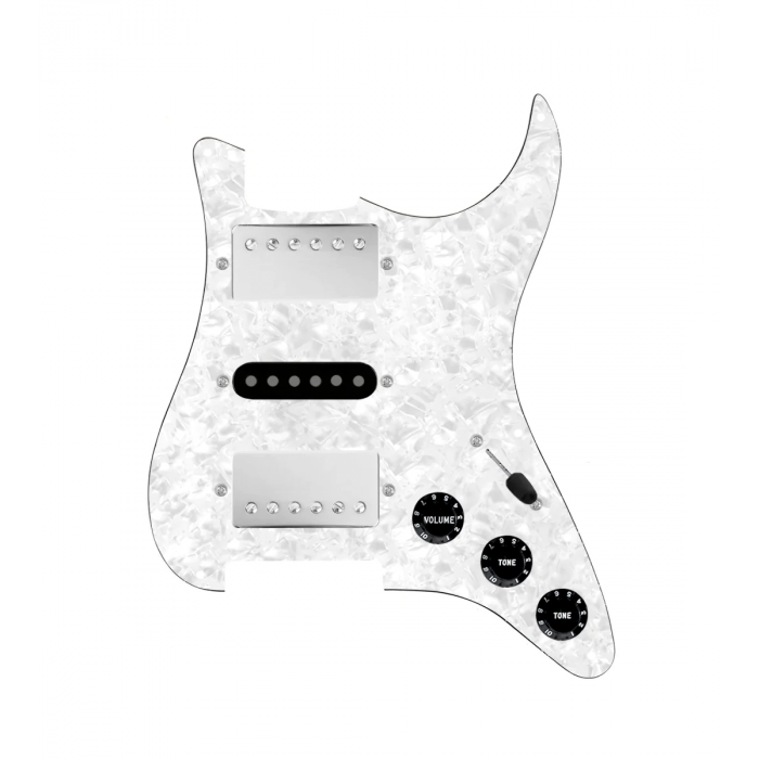 920D Custom HSH Loaded Pickguard for Stratocaster With Nickel Smoothie Humbuckers, Black Texas Vintage Pickups, White Pearl Pickguard, and S5W-HSH Wiring Harness