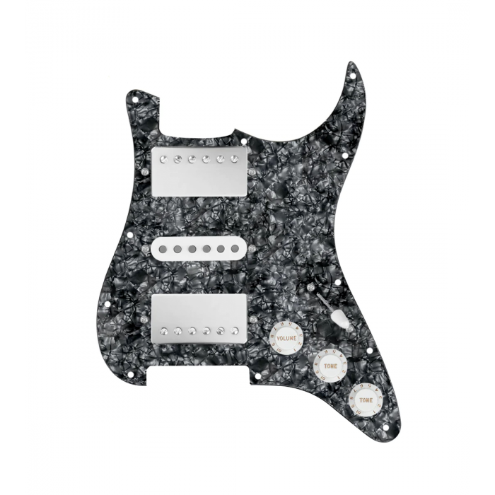 920D Custom HSH Loaded Pickguard for Stratocaster With Nickel Smoothie Humbuckers, White Texas Vintage Pickups, Black Pearl Pickguard, and S5W-HSH Wiring Harness