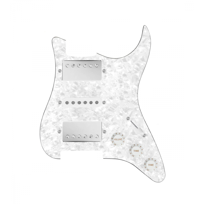 920D Custom HSH Loaded Pickguard for Stratocaster With Nickel Smoothie Humbuckers, White Texas Vintage Pickups, White Pearl Pickguard, and S5W-HSH Wiring Harness