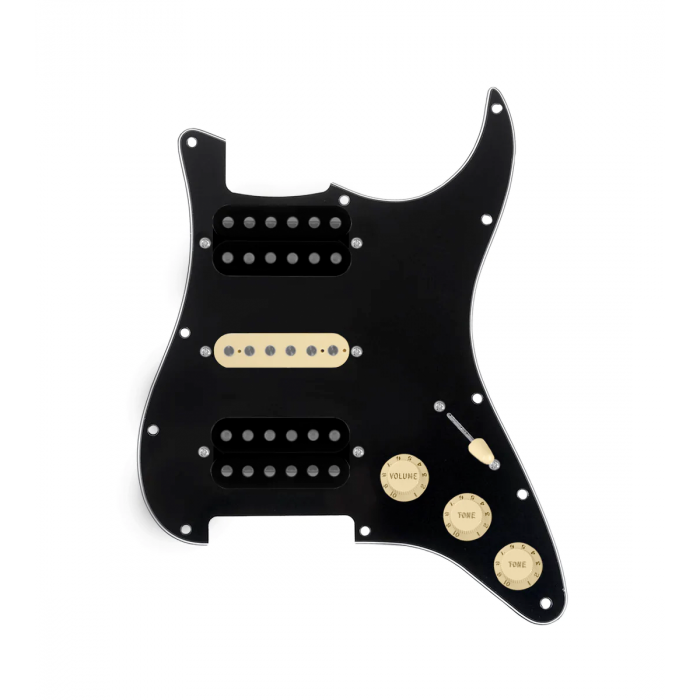 920D Custom HSH Loaded Pickguard for Stratocaster With Uncovered Smoothie Humbuckers, Aged White Texas Vintage Pickups, Black Pickguard, and S5W-HSH Wiring Harness