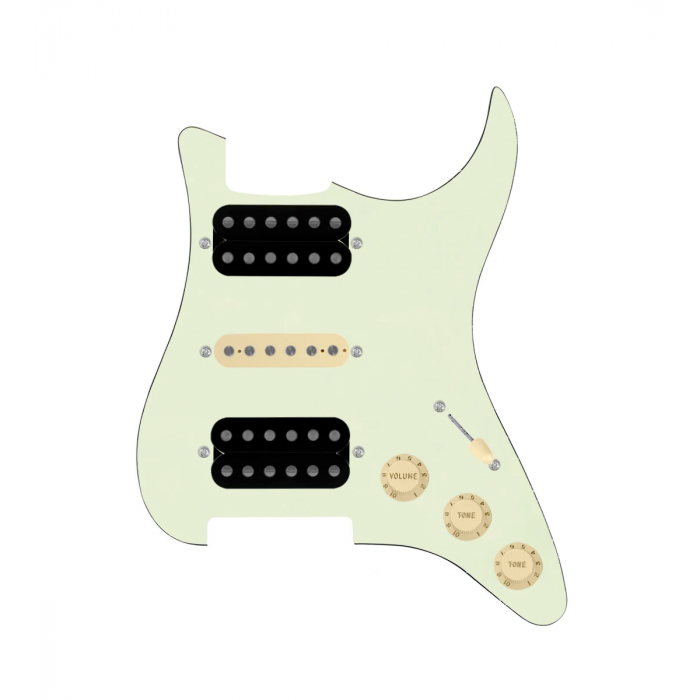 920D Custom HSH Loaded Pickguard for Stratocaster With Uncovered Smoothie Humbuckers, Aged White Texas Vintage Pickups, Mint Green Pickguard, and S5W-HSH Wiring Harness