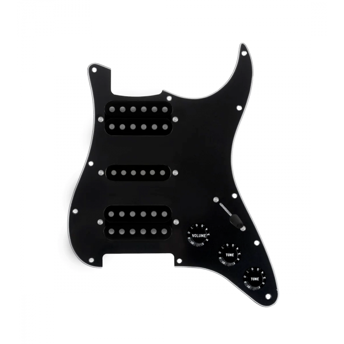 920D Custom HSH Loaded Pickguard for Stratocaster With Uncovered Smoothie Humbuckers, Black Texas Vintage Pickups, Black Pickguard, and S5W-HSH Wiring Harness