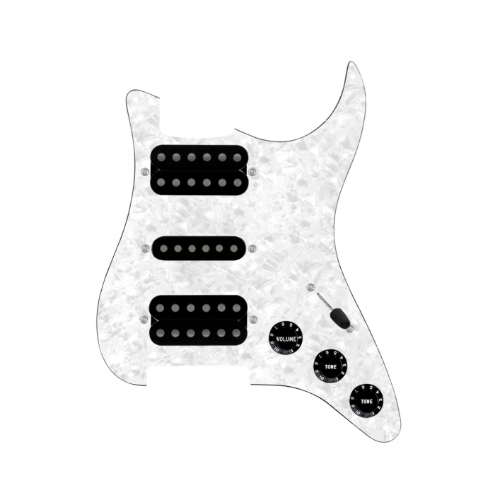 920D Custom HSH Loaded Pickguard for Stratocaster With Uncovered Smoothie Humbuckers, Black Texas Vintage Pickups, White Pearl Pickguard, and S5W-HSH Wiring Harness