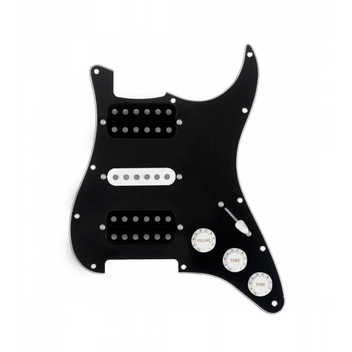 920D Custom HSH Loaded Pickguard for Stratocaster With Uncovered Smoothie Humbuckers, White Texas Vintage Pickups, Black Pickguard, and S5W-HSH Wiring Harness
