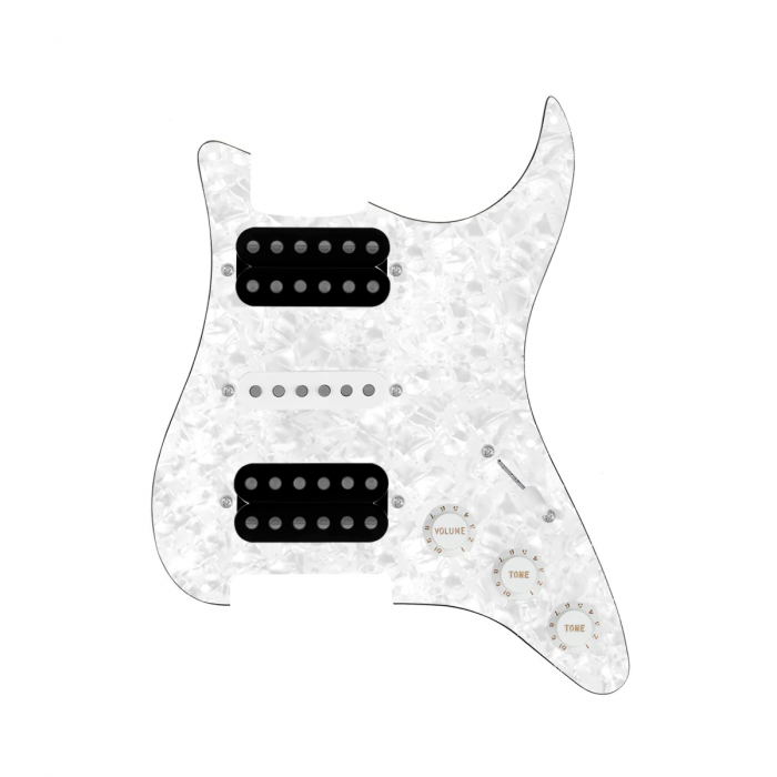 920D Custom HSH Loaded Pickguard for Stratocaster With Uncovered Smoothie Humbuckers, White Texas Vintage Pickups, White Pearl Pickguard, and S5W-HSH Wiring Harness