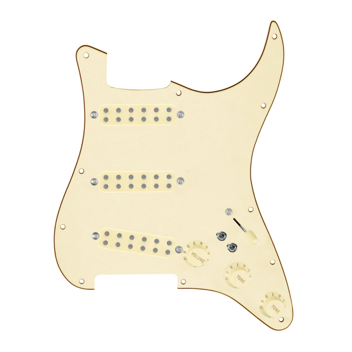 920D Custom Polyphonic Loaded Pickguard for Strat With Aged White Pickups and Knobs, Aged White Pickguard, and S7W-2T Wiring Harness