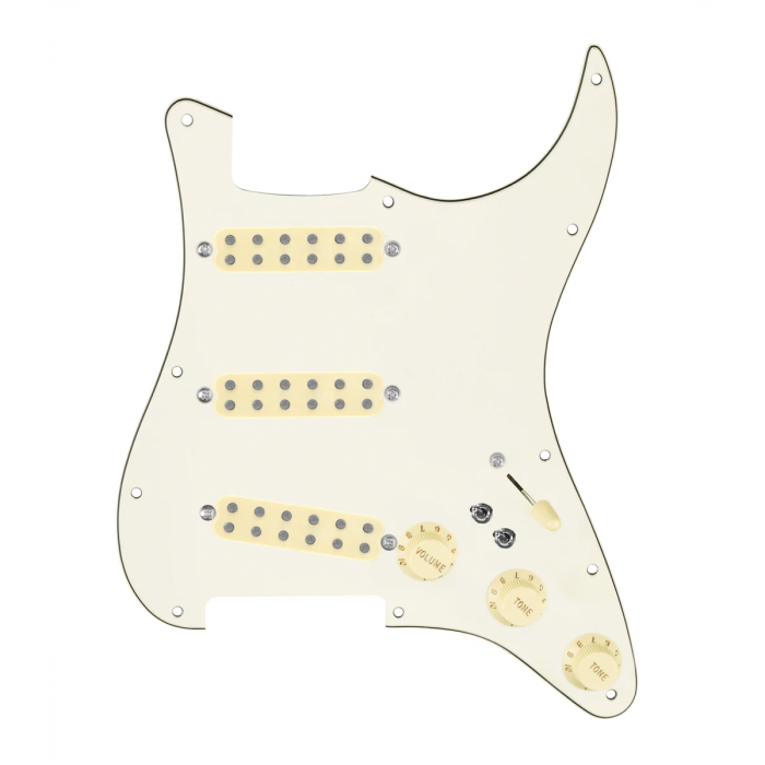 920D Custom Polyphonic Loaded Pickguard for Strat With Aged White Pickups and Knobs, Parchment Pickguard, and S7W-2T Wiring Harness