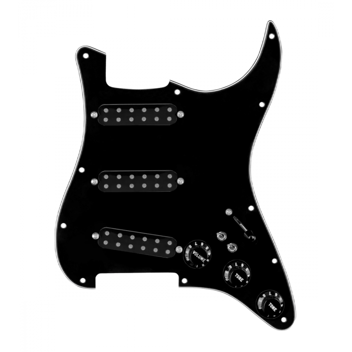920D Custom Polyphonic Loaded Pickguard for Strat With Black Pickups and Knobs, Black Pickguard, and S7W-2T Wiring Harness