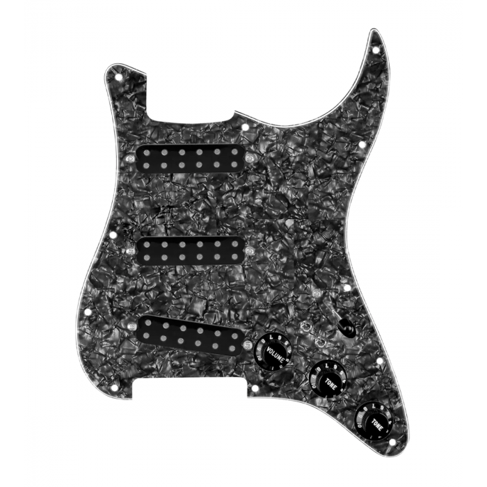 920D Custom Polyphonic Loaded Pickguard for Strat With Black Pickups and Knobs, Black Pearl Pickguard, and S7W-2T Wiring Harness