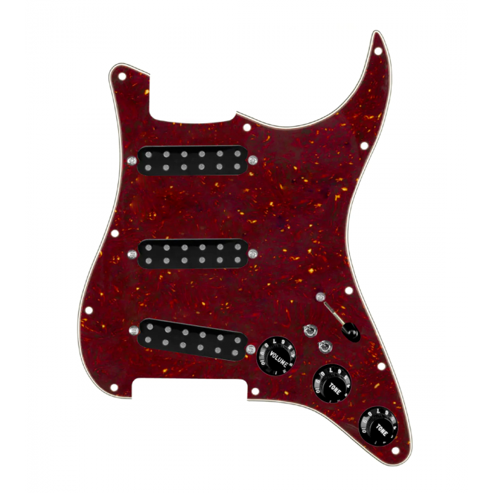 920D Custom Polyphonic Loaded Pickguard for Strat With Black Pickups and Knobs, Tortoise Pickguard, and S7W-2T Wiring Harness