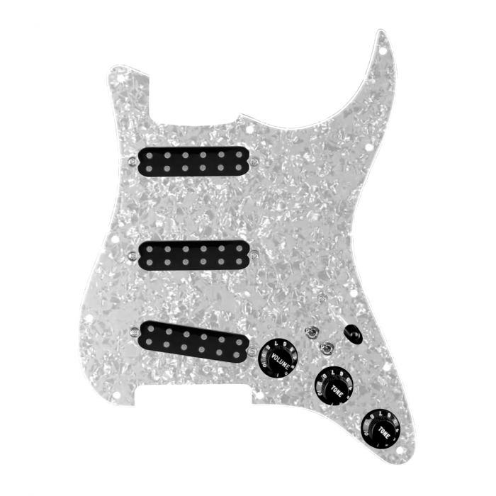 920D Custom Polyphonic Loaded Pickguard for Strat With Black Pickups and Knobs, White Pearl Pickguard, and S7W-2T Wiring Harness