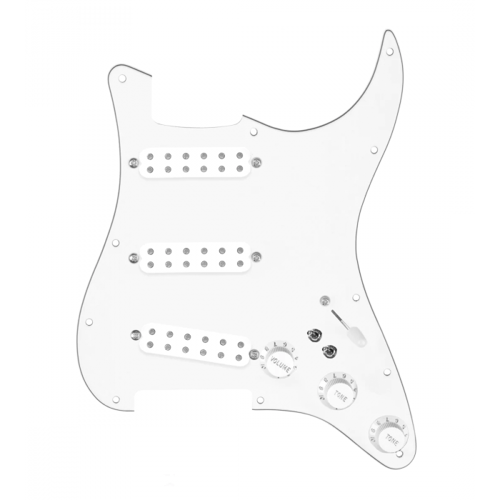 920D Custom Polyphonic Loaded Pickguard for Strat With White Pickups and Knobs, White Pickguard, and S7W-2T Wiring Harness