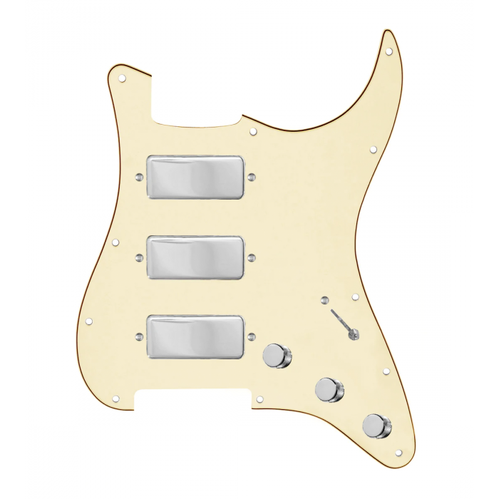920D Custom Stadium Triple Mini Humbucker Loaded Pickguard for Strat With 7-Way Switching, Aged White Pickguard, and Chrome Knobs