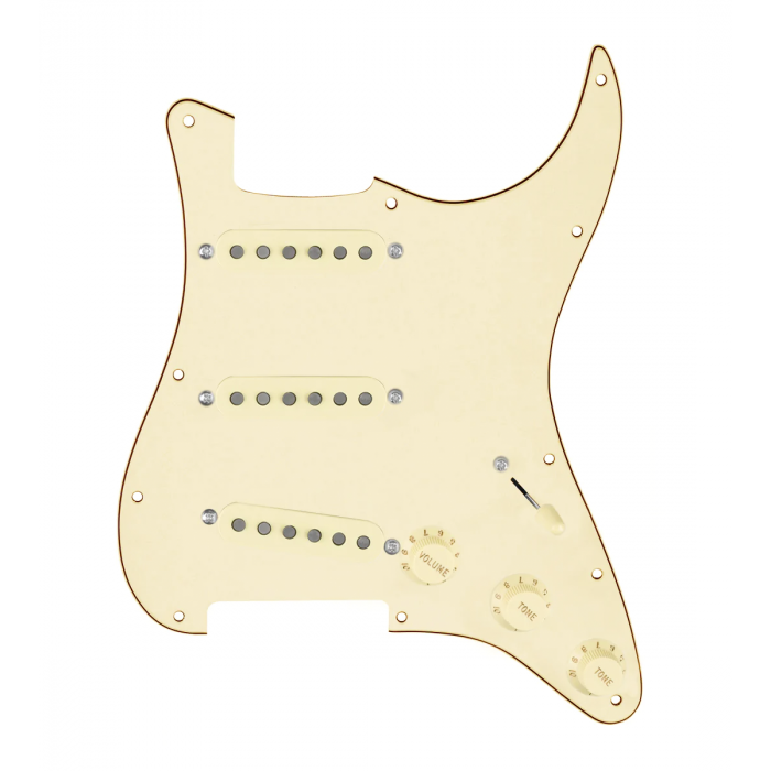 920D Custom Texas Grit Loaded Pickguard for Strat With Aged White Pickups and Knobs, Aged White Pickguard, and S5W-BL-V Wiring Harness