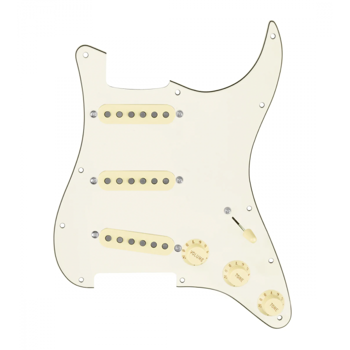 920D Custom Texas Grit Loaded Pickguard for Strat With Aged White Pickups and Knobs, Parchment Pickguard, and S5W-BL-V Wiring Harness