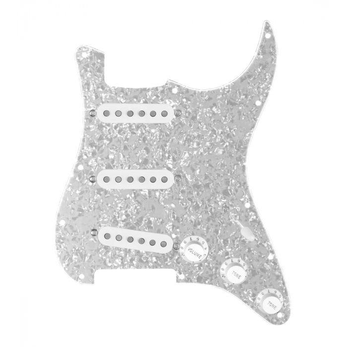 920D Custom Texas Grit Loaded Pickguard for Strat With White Pickups and Knobs, White Pearl Pickguard, and S5W Wiring Harness
