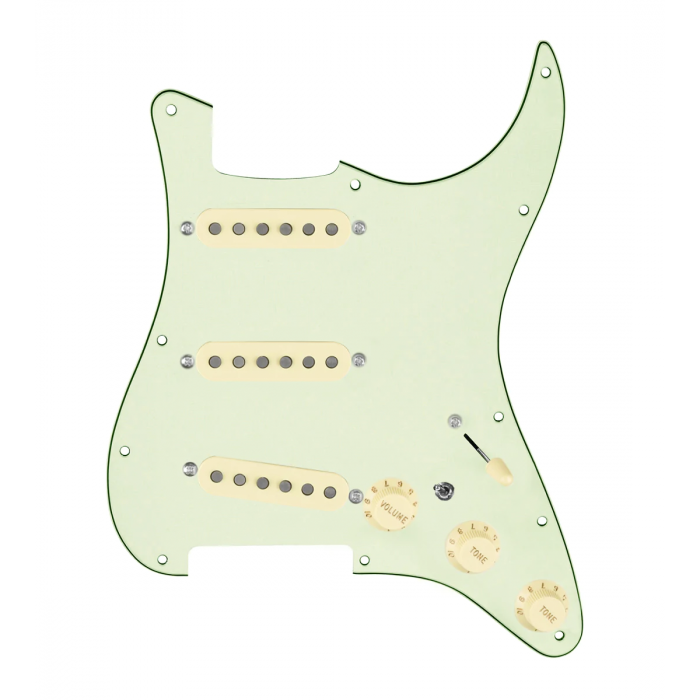 920D Custom Texas Vintage Loaded Pickguard for Strat With Aged White Pickups, Mint Green Pickguard, and S7W-MT Wiring Harness